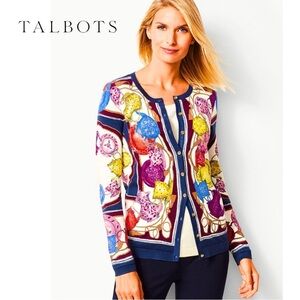 Talbots Petites Tea Party Print Classic Cardigan Sweater